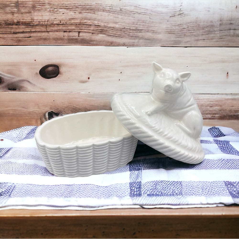 Vintage White Ceramic Pig On A Basket Trinket Box Japan